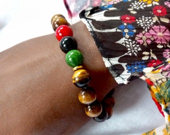 Pan Africa Bracelet, African Jewelry, Tiger Eye Gemstone, Red Black & Green Colors, Large Beaded