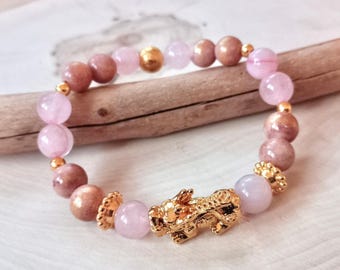 Pixiu Bracelet, Rose Quartz Bracelet, Feng Shui Bracelet, Lucky Chinese Pi Xiu, Pink Jade Gemstone, 24K Gold Plate Dragon, Wealth Attraction