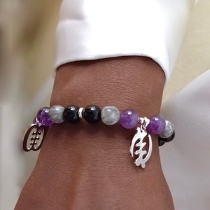 Adinkra Charm Bracelet, Asante Bracelet, Gye Nyame Bracelet, Duafe Bracelet, Ankh, Purple Gemstone Beads, Ivory Coast, Ghanaian, West Africa
