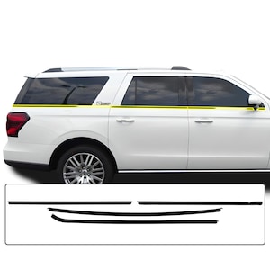 May include: White SUV with black and yellow accent stripes. The vehicle has tinted windows and a roof rack. The image also shows a set of black trim pieces, likely for installation on the vehicle.