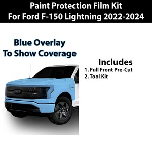 May include: A blue overlay shows the coverage area of a paint protection film kit for a white Ford F-150 Lightning pickup truck. The kit includes a full front pre-cut film and a tool kit.