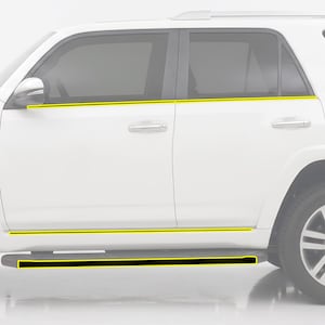 May include: A white SUV with black trim and a running board. The vehicle has tinted windows and a silver side mirror. The image is a side view of the car.