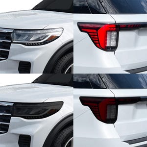 May include: A white SUV with black detailing. The image shows close-ups of the front headlights and rear taillights. The headlights have a sleek design with LED daytime running lights. The taillights have a modern, red and black design.