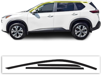 May include: A set of black window trim pieces for a car. The trim pieces are designed to fit around the windows of a vehicle, and they can be used to give the car a more stylish or sporty look.