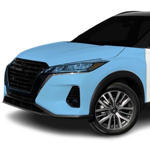 May include: A light blue car with a black grille and headlights. The car has a black and silver wheel with a chrome center cap.