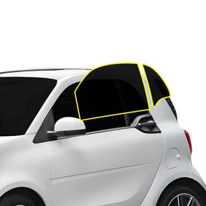 May include: A white car with tinted windows. The windows are tinted black and the car is parked on a white background.
