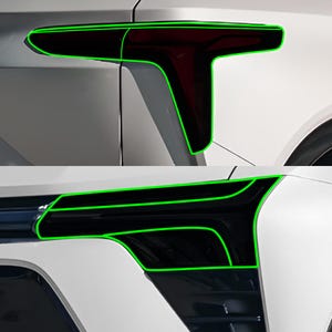 Puede incluir: Dos molduras negras de ventilación lateral de coche con líneas verdes sobre una carrocería blanca. La moldura superior tiene forma de T, mientras que la inferior es rectangular. Piezas de automóviles.