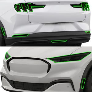 May include: White car with green neon accent lighting on the front and rear. The image shows the headlights, taillights, and bumper details. The car's design features a modern, sleek aesthetic.