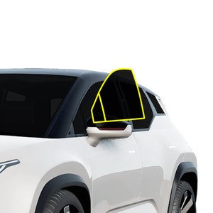 May include: A white car with tinted windows. The car has a black roof and a black side mirror. The car is parked on a white background.