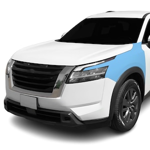 May include: White SUV with a black grille and headlights. The front bumper is black and the car has a blue protective film on the front fender.