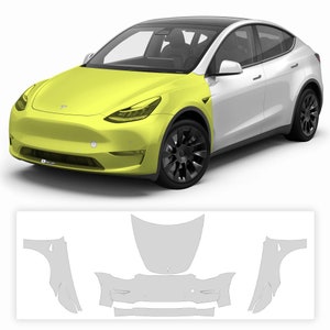 Könnte beinhalten: Ein Satz vorgefertigter Vinyl-Car-Wrap-Schablonen für einen Tesla Model Y. Die Schablonen sind auf weißem Hintergrund dargestellt und umfassen die Motorhaube, den vorderen Stoßfänger und die vorderen Kotflügel.