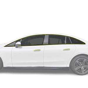 May include: A white sedan featuring a prominent yellow outline highlighting the window trim and door handles. The vehicle has tinted windows, a sleek side profile, and dark multi-spoke alloy wheels. The yellow lines emphasize the car's silhouette.