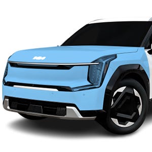 May include: A light blue SUV with a white roof and black accents. The front of the vehicle features a silver trim, a black grille, and a logo. The car has a modern design with unique headlights and wheels.