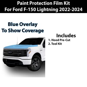 May include: A white Ford F-150 Lightning pickup truck with a blue overlay to show the coverage area of a paint protection film kit. The kit includes a pre-cut hood film and a tool kit.