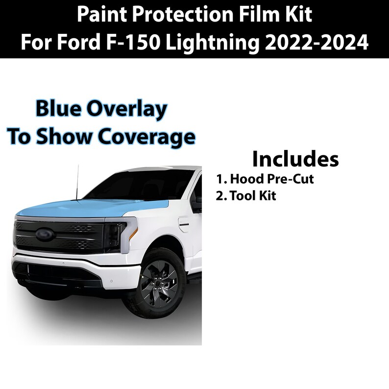 May include: A white Ford F-150 Lightning pickup truck with a blue overlay to show the coverage area of a paint protection film kit. The kit includes a pre-cut hood film and a tool kit.