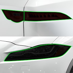 May include: A close-up of a car's headlights and taillights with black tint overlays. The headlights are on the bottom and the taillights are on the top. The car is white.