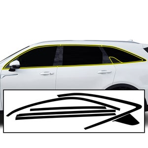 Puede incluir: Un juego de molduras de ventana negras para un coche. Las molduras están diseñadas para ajustarse alrededor de las ventanas de un coche y darle un aspecto más deportivo.