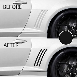 Può includere: Immagini prima e dopo di un'auto bianca con accenti neri. L'immagine prima mostra l'auto con un accento argentato sul lato. L'immagine dopo mostra l'auto con un accento nero sul lato.
