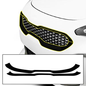 Peut inclure: Grille de calandre de voiture noire avec un motif en nid d'abeille. La garniture est soulignée de jaune et est conçue pour s'adapter à une Kia Optima.