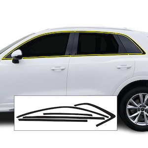 May include: A white SUV with black tinted windows and yellow trim. The image includes a set of black window trim pieces, likely for installation. The car's side profile is visible, showcasing the window design.