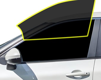 May include: A white car with a tinted window. The window is outlined in yellow.