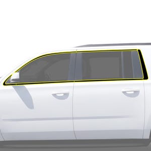 May include: A white vehicle side profile featuring dark tinted windows outlined with a bright yellow border. The car body includes two door handles and a side mirror. The yellow line highlights the window trim and frame along the side of the car.