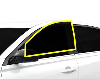 May include: A white car with a tinted window. The window is outlined in yellow.