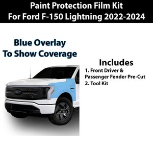 May include: A white Ford F-150 Lightning pickup truck with a blue overlay to show the coverage area of a paint protection film kit. The kit includes front driver and passenger fender pre-cut film and a tool kit.