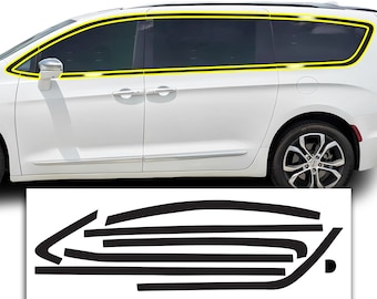 May include: A set of black window trim pieces for a car. The trim pieces are designed to fit around the windows of a vehicle and give it a more stylish look.