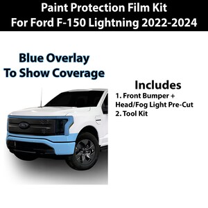 May include: A white Ford F-150 Lightning pickup truck with a blue overlay to show the coverage area of a paint protection film kit. The kit includes a front bumper and head/fog light pre-cut film, as well as a tool kit.