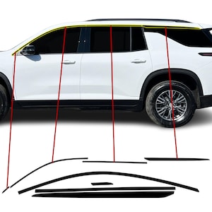 May include: White SUV with black trim and tinted windows. The image shows the side profile of the vehicle, with red lines indicating the placement of black trim pieces. The trim pieces are shown below the vehicle.