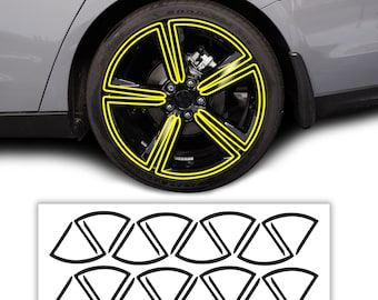 Puede incluir: Un conjunto de 12 calcomanías de cinta de llanta en blanco y negro para llantas de automóvil. Las calcomanías tienen forma de media luna y están diseñadas para aplicarse en el borde de la llanta.