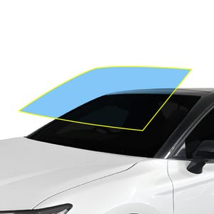May include: A white car with a black roof and windshield. A blue and yellow outline highlights the windshield area, suggesting a product related to automotive glass or window tinting. The car's front end is visible.