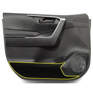 以下が含まれることがあります： シルバーのハンドルとトリムが付いた黒い車のドアパネル。 パネルにはスピーカーと、黄色で縁取られた黒い布製のインサートがあります。 ドアハンドルには赤いアクセントが付いています。