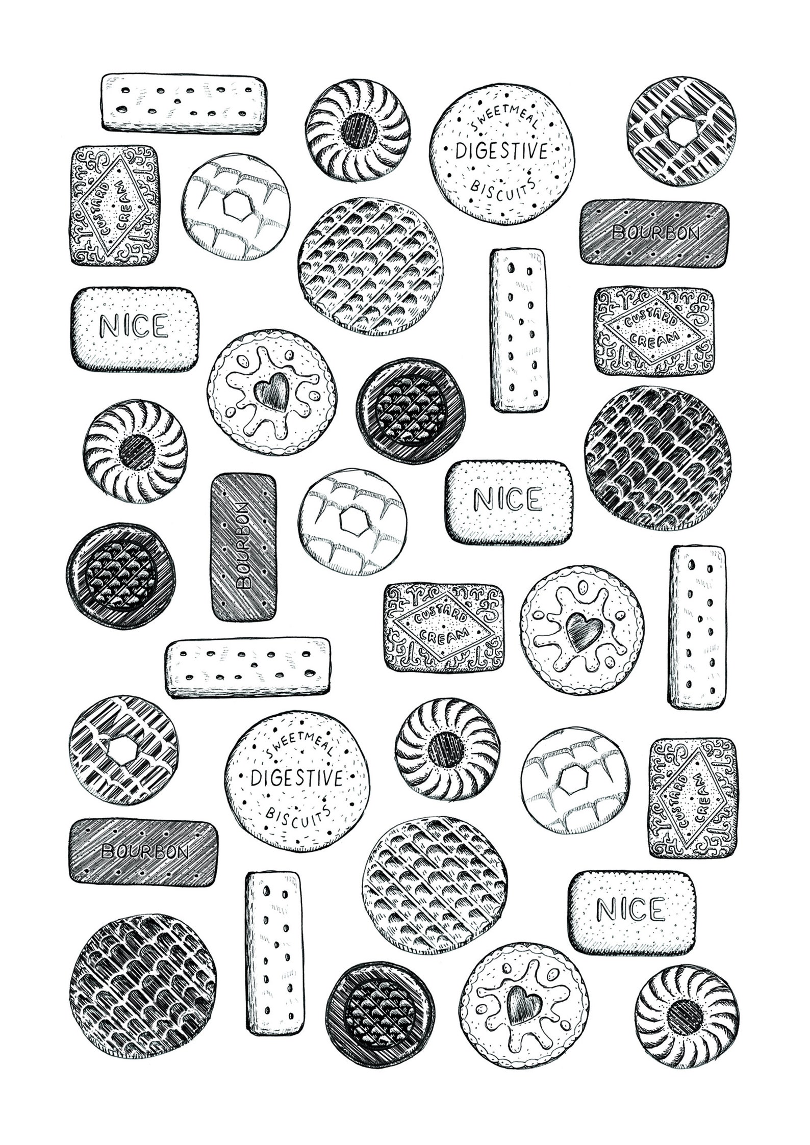 Hand Sketched Illustration Of Biscuits A3 Black And White Digital Matt