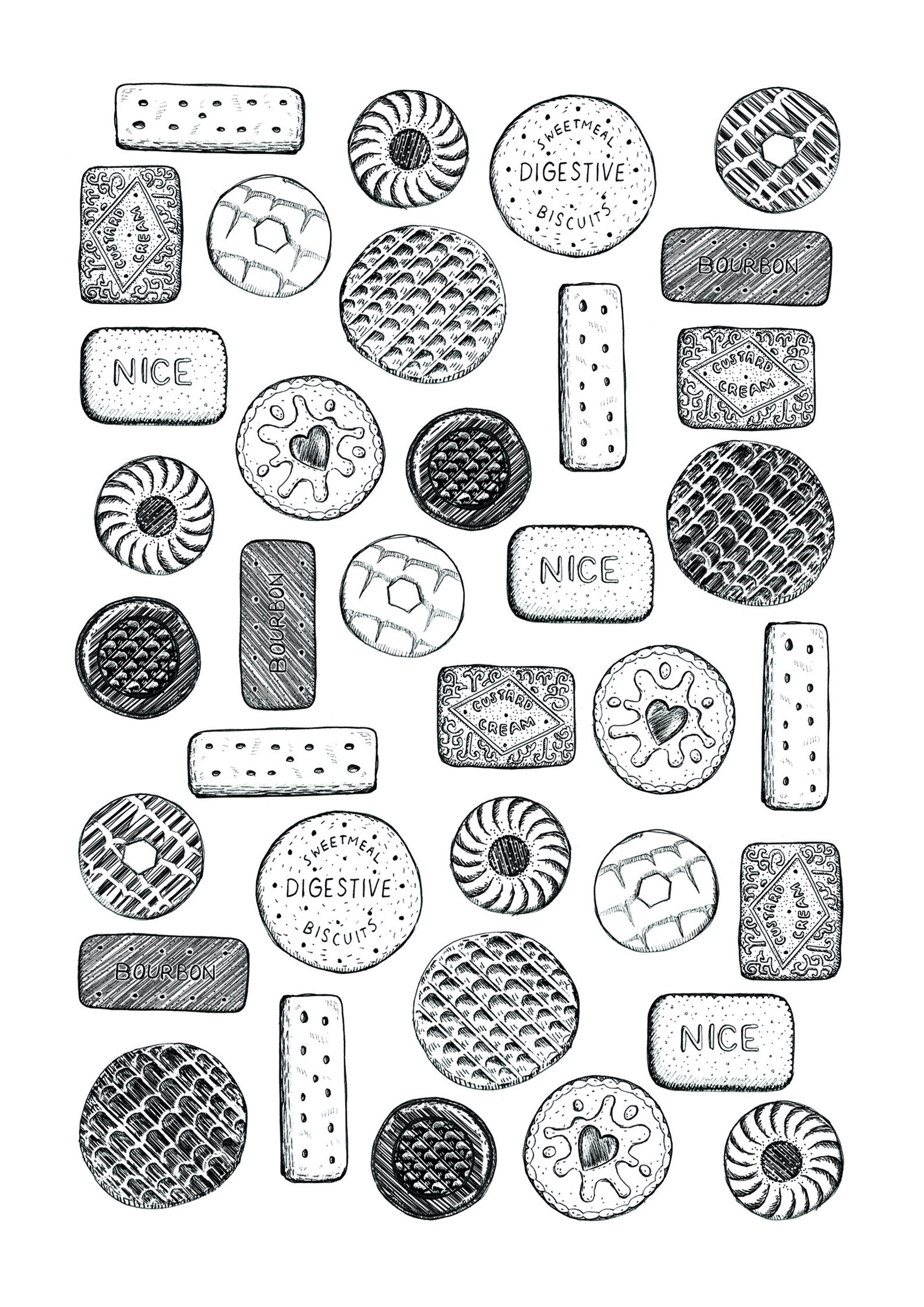 Hand Sketched Illustration of Biscuits A3 Black and White Digital Matt ...