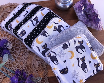 Black Cat 9-Pack Reusable Cleansing Bamboo Towels for All Skin Types| Eco Friendly, Low Waste, Halloween Themed Skincare, Spooky Selfcare