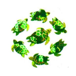 Puede incluir: Siete tortugas marinas verdes y amarillas nadando en círculo sobre un fondo blanco.