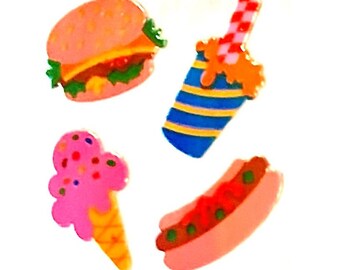 FAST FOOD Pearly MOP Hamburger, Hot Dog, Ice Cream, Soda Sandylion Stickers Rare Vintage