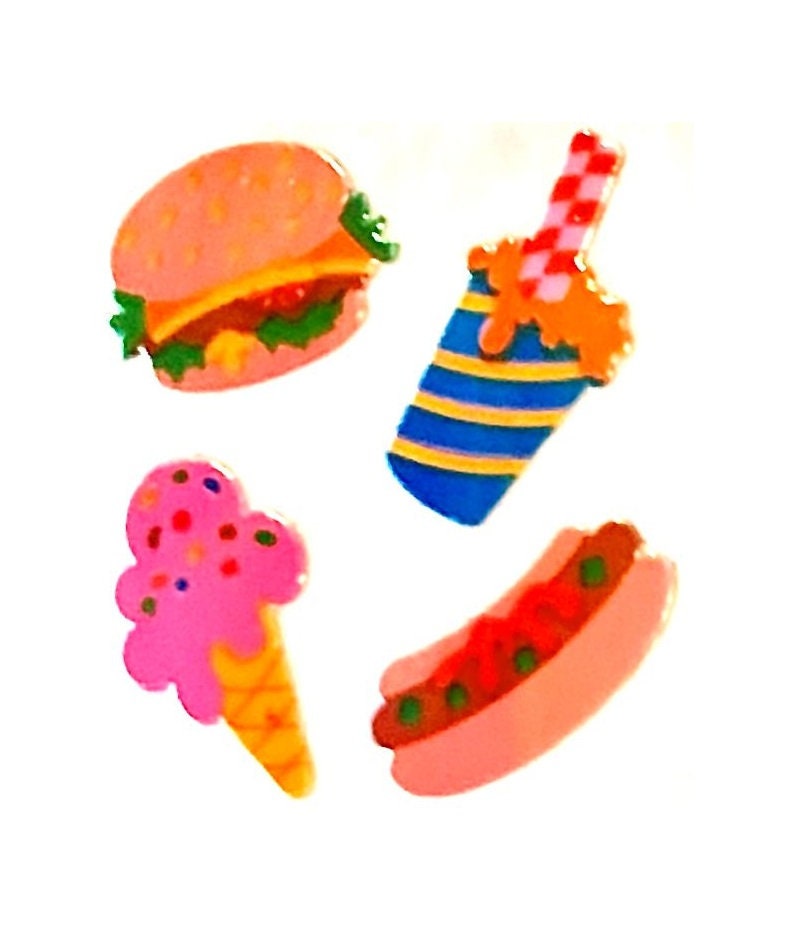 FAST FOOD Pearly MOP Hamburger, Hot Dog, Ice Cream, Soda Sandylion Stickers Rare Vintage