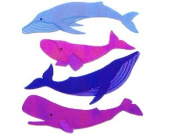 May include: Four colorful whale illustrations in shades of blue, pink, and purple. The whales are stylized with simple shapes and details, arranged vertically against a white background. The image has a whimsical, artistic feel.