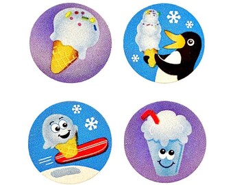 May include: Four circular stickers featuring cartoon illustrations: an ice cream cone on a purple background, a penguin holding an ice cream cone on blue, an ice cream cone surfing on blue, and a smiling milkshake with a red straw on purple.
