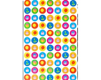 May include: A rectangular sheet of circular stickers featuring colorful birthday-themed illustrations. The designs include red balloons, pink gift boxes, blue party hats, and white cakes with candles, arranged in a grid on a white background.