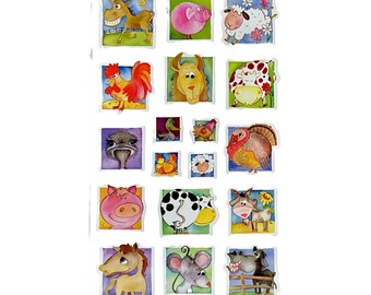 May include: A sticker sheet featuring a collection of colorful, hand-drawn illustrations of various farm animals including a horse, pig, sheep, rooster, llama, cow, turkey, ostrich, duck, mouse, and goat, all arranged in individual square frames.