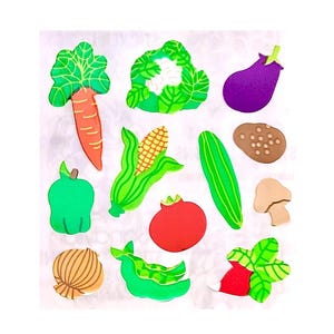 VERDURAS Maíz, Champiñones, Guisantes, Zanahoria, Tomate, Rábano, Pepino, Pimiento, Patata, Berenjena Kromekote Sandylion Stickers 1 cuadrado ALIMENTOS