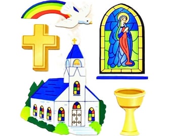 May include: A collection of religious-themed cutouts including a white church with a blue roof, a yellow cross, a white dove flying under a rainbow, a stained-glass window depicting a figure in blue robes, and a yellow chalice on a white background.