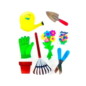 HERRAMIENTAS DE JARDINERÍA FLORES Mylar Rastrillo, Flores, Guante, Maceta + Pegatinas Sandylion - 1 cuadrado **Vintage**