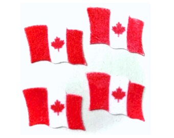 May include: Four individual felt fabric appliques shaped like the Canadian flag. Each piece features a white central square with a red maple leaf and two red vertical bars on the sides, designed with a wavy edge to simulate a fluttering motion.