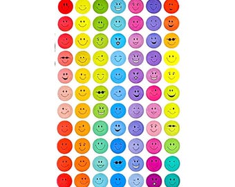May include: A sheet of circular stickers featuring a variety of colorful smiley faces. The stickers are arranged in seven columns and twelve rows, displaying diverse expressions including winking, smiling, and wearing sunglasses in shades of red, yellow, green, blue, purple, and pink.