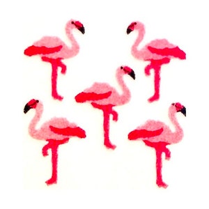 May include: Five pink felt flamingo appliques. The appliques are approximately 2 inches tall and are perfect for adding a tropical touch to crafts and projects.